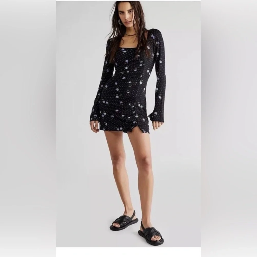 FREE PEOPLE CELIA MINI DRESS BLACK POLKA DOT BLUE FLORAL SIZE SMALL - Picture 6 of 10